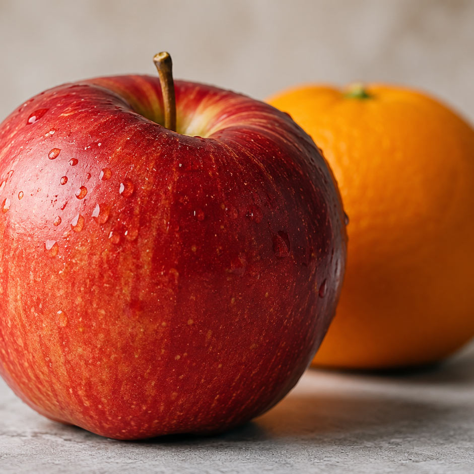 Red apple with water droplets in focus, with an orange softly blurred in the background.