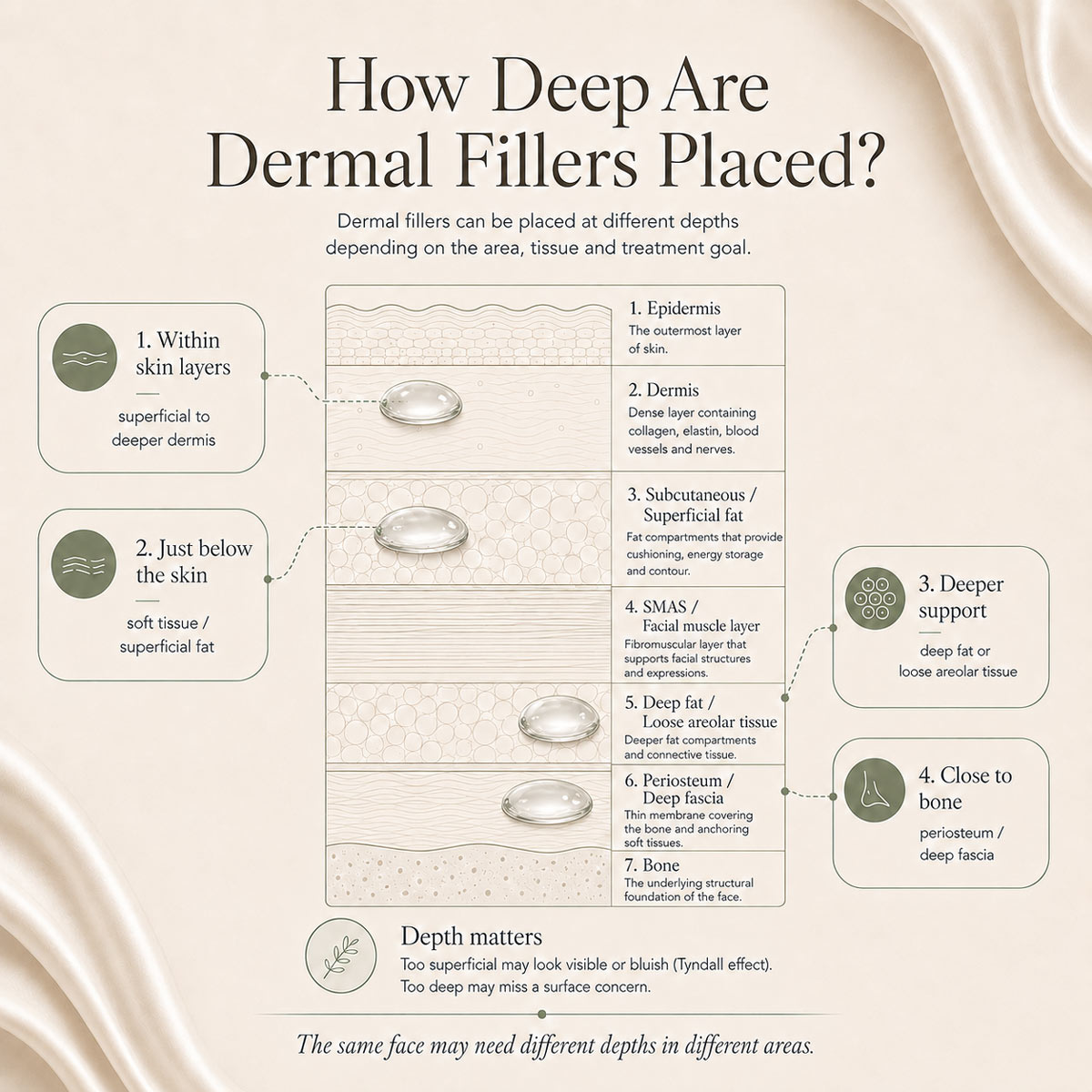 HA-Dermal-fillers-depth Infographic explaining how dermal fillers may be placed at different tissue depths depending on the treatment area.