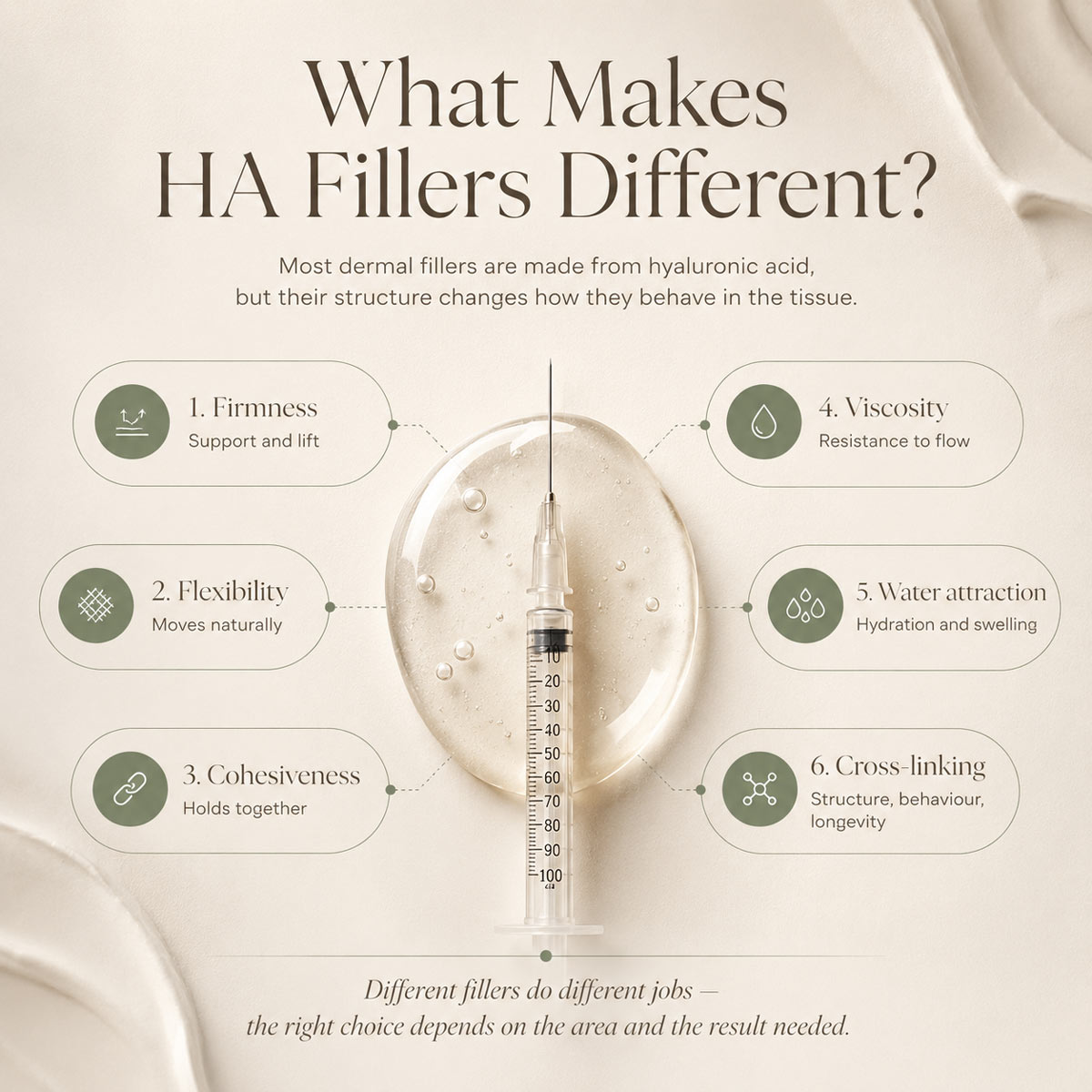 HA-Dermal-fillers-difference Infographic explaining six properties that make hyaluronic acid dermal fillers different, with a syringe over a clear gel droplet and labels for firmness, flexibility, cohesiveness, viscosity, water attraction and cross-linking.